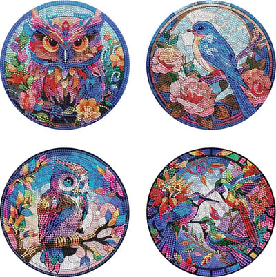 XL onderzetters - 05 - Uilen en vogels - set van 4 - Diamond painting - compleet pakket - Diamond painting by Wietske