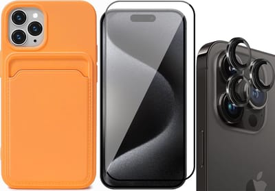 Hoesje Pasjeshouder geschikt voor iPhone 15 Pro - Screenprotector FullGuard + Camera Lens Screen Protector Zwart - Siliconen Case Back Cover Oranje