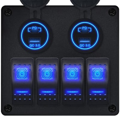 ProRide Schakelpaneel 12V voor Auto/Boot - USB/USB C Stopcontact 4 Poorten - QC3.0 - 4 schakelaars - Blauw