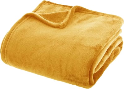 Atmosphera fleece deken/fleeceplaid - mosterdgeel - 180 x 230 cm - polyester - Molton Bankdeken