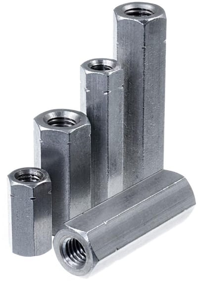 Schroefdraadmof M10 x 50 mm, roestvrij staal V2A VA A2, zeskantige uitvoering, doorlopende binnendraad, 20 stuks