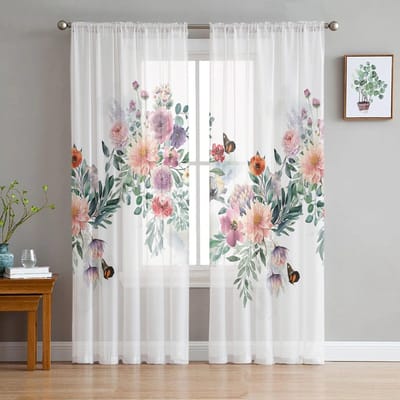 Aquarel Bladeren Planten Bloemen Vlinders Tule Voile Gordijnen voor Slaapkamer Woonkamer Raamgordijn Transparante Organza Draperieën 135W x 114H(cm) white