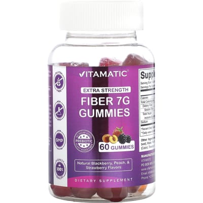 Vitamatic, vezelgummies, extra sterkte, natuurlijke braambes-, perzik-, aardbeiensmaak, 7g, 60 gummies (2.3g per gummy)