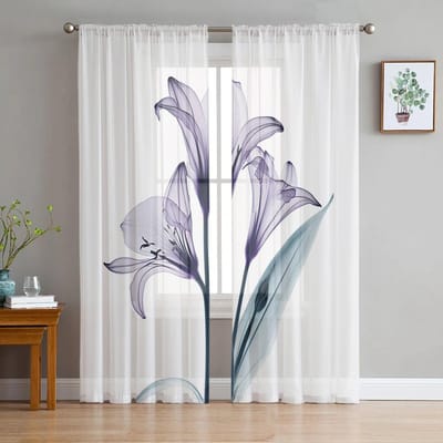 Bloem Lelie Transparant Paars Slaapkamer Transparante Vitrages Vakantie Decoratie Raam Voile Tule Gordijn 135W x 114H(cm) white