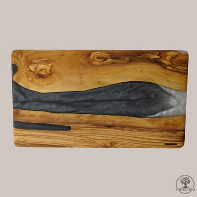 Wood and Olives - Olijfhouten Borrelplank met Epoxy - Antraciet-Wit - Handgemaakt - 23x40 cm