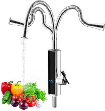 Dailygoods - 3000 W elektrische waterkraan, doorstroomboiler, led-temperatuurweergave, 360 graden draaibaar, keukenkraan, 304 roestvrij stalen kraan, voor keuken, badkamer, caravan, camping (zilver)
