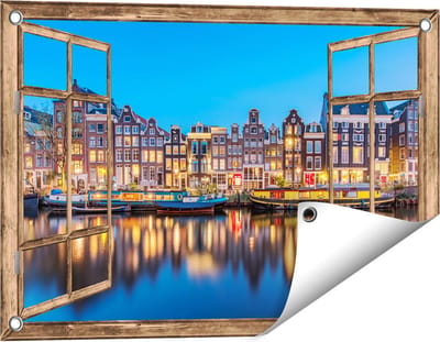 Gards Tuinposter Doorkijk Amsterdamse Huisjes in de Avond met Lichten - 60x40 cm - Tuindoek - Tuindecoratie - Wanddecoratie buiten - Tuinschilderij