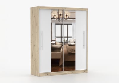 Kledingkast NICO I 203 cm - 2-deurs schuifdeurkast met spiegel en kledingstang - Garderobekast met ruime opbergruimte - Moderne kast voor slaapkamer en hal (Artisan + Wit)