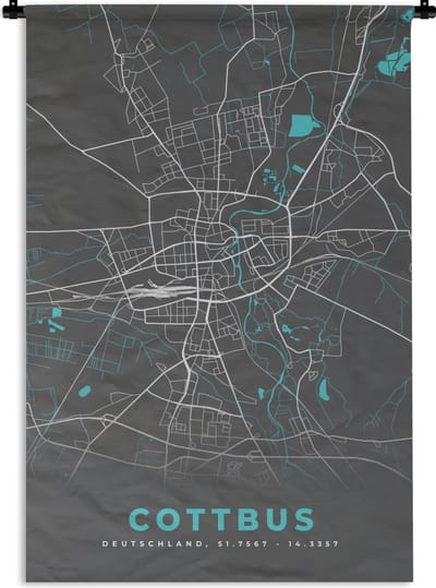 Wandkleed - Wanddoek - Duitsland – Blauw – Cottbus – Stadskaart – Kaart – Plattegrond - 120x180 cm - Wandtapijt