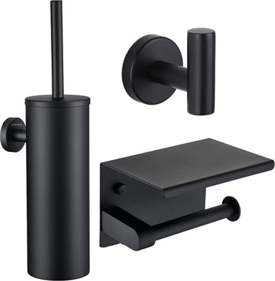 Toiletaccessoireset Zwart 3-delig - Toiletborstelhouder - Toiletborstel met Houder - Toiletrolhouder met Plankje - Handdoekhaak