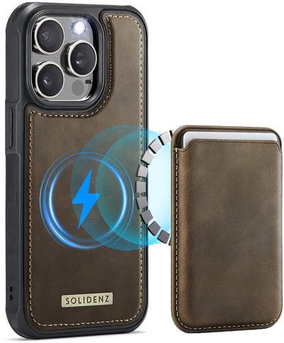 Solidenz Hoesje geschikt voor iPhone 15 Pro Max - Luxe Wallet met Magnetische Pasjeshouder - Compatibel met MagSafe - Schokbestendig - Bruin