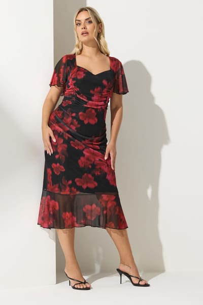 Yours London Rode Bloemen Geplooide Midijurk Size 42