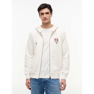Tommy Hilfiger Flag Embroidery French Terry Zip-thru Hoody Ivory Petal Taglia: S | Felpe con cappuccio Outlet | Uomo | Bianco