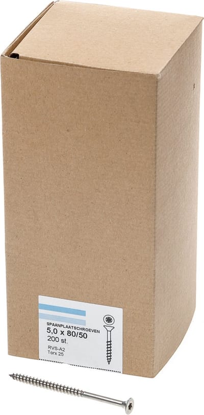 Hoenderdaal Spaanplaatschroef RVS platverzonken kop TX25 deeldraad 5.0X80/50 (per 200 stuks)