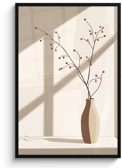 Poster in lijst - Fotolijst 80x120 cm - Posters - Vaas - Takken - Bessen - Minimalistisch - Posterlijst zwart - Decoratie - Wanddecoratie woonkamer - Muurdecoratie slaapkamer