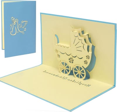 3D Wenskaart - Geboortekaart Pop-up - Geboorte Feliciteren - Kinderwagen Motief - 11.5 x 17 cm - Lichtblauw