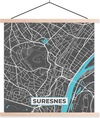 Posterhanger incl. Poster 40x40 cm - Schoolplaat - Suresnes - Frankrijk - Plattegrond - Stadskaart - Kaart - Textielposter - Blanke latten - Stadskaart