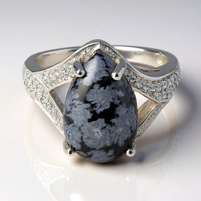 Cavill - Elegante Damesring 925 Sterling Zilver - 4,04 ct Peervormige Sneeuwvlokken Obsidiaan - 0,248 ct Witte Topazen - Maat 17