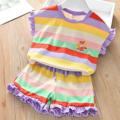Tweedelig pak Kinderkleding Zomer Regenboog Casual Pak Meisjes Schimmel T-shirt Shorts 120 paars
