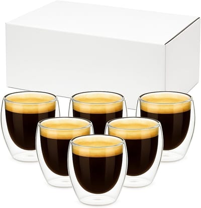 Set van 6 dubbele wand espresso kopjes van 80 ml - Vaatwasserbestendig thermoglas, mondgeblazen borosilicaatglas, perfect voor koffie en thee