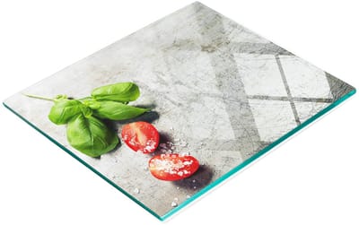 Decoratieve glazen snij- en serveerplank met tomaten- en basilicummotief, 60x52 cm
