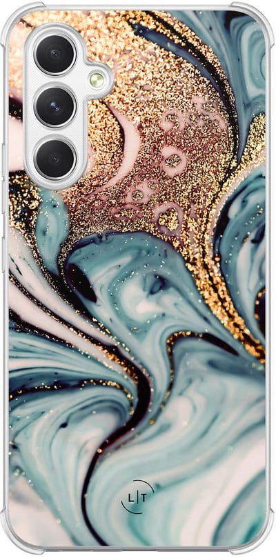 Shockproof hoesje - Geschikt voor Samsung Galaxy A54 - Marmer blauw goud - Extra sterke case - TPU/polycarbonaat - Marmer - Blauw, Goud, Transparant