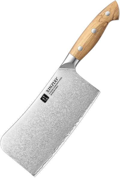 XinZuo X02O Pin Series Hakmes 17,5 cm – Professioneel Keukenmes – Olijfhouten Handvat – 3-Laags Composietstaal met Stonewash Afwerking