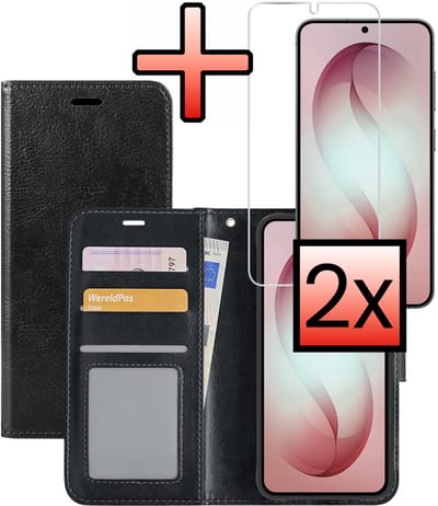 Hoesje - Met 2x Screenprotector - Geschikt voor Samsung Galaxy S26 - Luxe Pasjeshouder - Bookcase Portemonee - Flip Case - Kunstleer Book Case - Flipcase Hoes - Book Cover - Walletcase - Portemonneehoes - Zwart