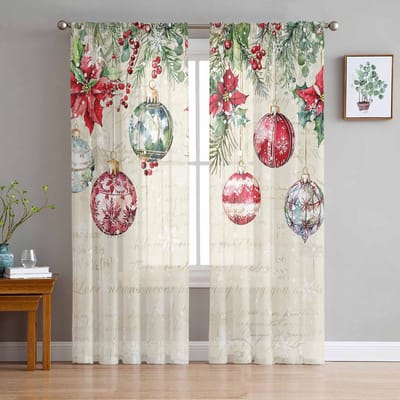 Kerstster Bessen Kerstballen Sneeuwvlokken Transparante Gordijnen Woonkamer Decoratie Raamgordijnen Keuken Tule Voile Gordijnen W135 x H115cm x1 white