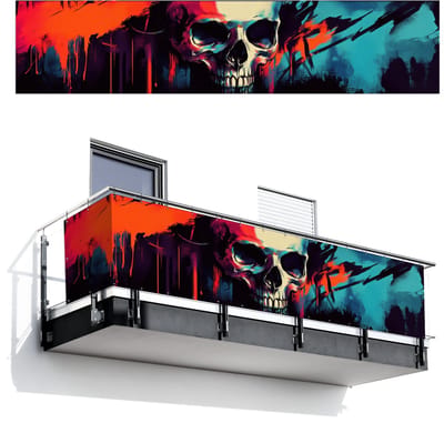 Balkonscherm 500x110 cm - Balkonposter Schedel - Abstract - Rood - Blauw - Graffiti - Balkon scherm decoratie - Balkonschermen - Balkondoek zonnescherm