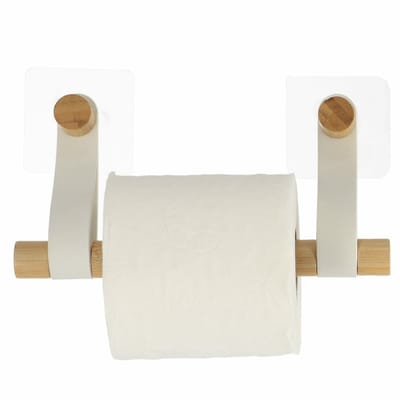 Tendance Toiletrolhouder wand/muur - zelfklevend - wit - bamboe/kunstleer - zonder boren