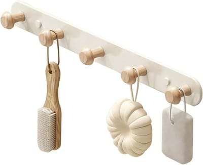 Houten Wandhaken voor Kinderen - 5 Haakjes voor Kleding, Speelgoed en Accessoires in Hal, Kinderkamer, Woonkamer en Badkamer (36cm x 3.2cm)