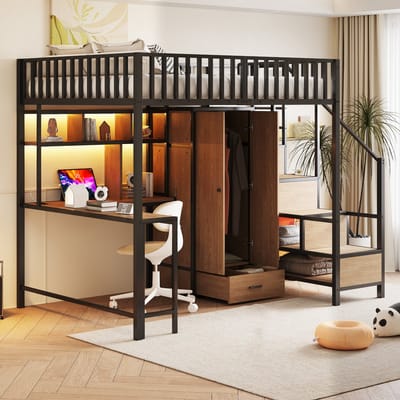 Wishdor Hoogslaper - 140 x 200 cm - Bureau en Kledingkast - Opbergladder - LED en Oplaadpunten - Metaal - Zwart - Complete Tienerstudio