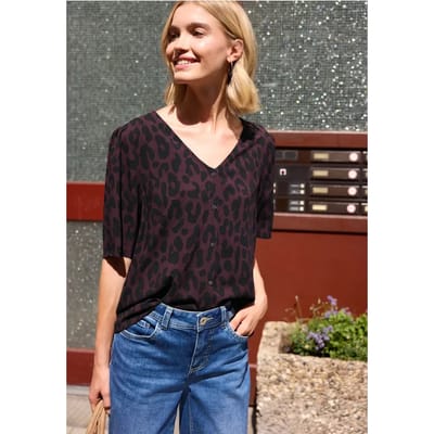 Blouse met korte mouwen, V-hals en luipaardprint