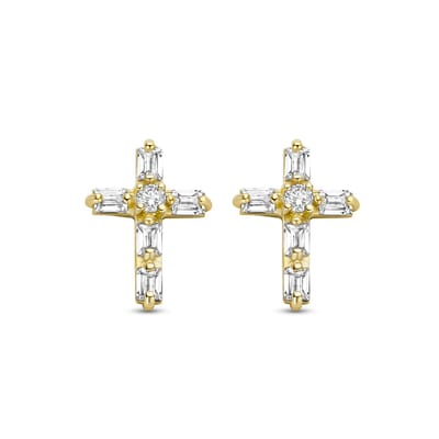 New Bling 9NBG-0274 Gouden Oorknopjes - Dames - Kruis - Bezet met Zirkonia - 10,1 x 7,6 mm - 14 Karaat - Goud