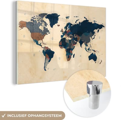 MuchoWow® Glasschilderij 60x40 cm - Schilderij acrylglas - Wereldkaart - Vintage - Papyrus - Kinderen - Jongens - Meisjes - Foto op glas - Muurdecoratie woonkamer - Wanddecoratie slaapkamer - Schilderijen