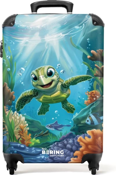 NoBoringSuitcases.com® - Kinderkoffer - Kindertrolley - Schildpad in kleurrijke onderwaterwereld - Handbagage koffer lichtgewicht - Reiskoffer trolley kinderen - Rolkoffer met wieltjes - Past binnen 55x40x20 en 55x35x25