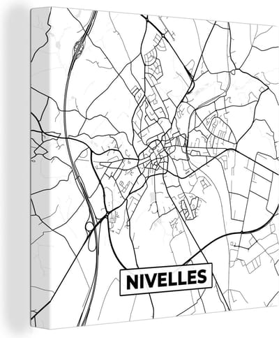 Canvas Schilderij Zwart Wit – België – Plattegrond – Stadskaart – Kaart – Nivelles - 20x20 cm - Wanddecoratie
