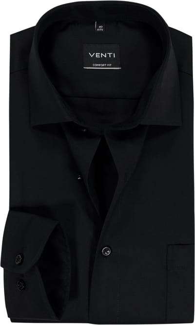 VENTI CASA MODA comfort fit overhemd - structuur - zwart - Strijkvrij - Boordmaat: 39