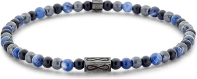 Frank 1967 7FB-0719 Heren Armband met edelsteen Kralen - 4mm - Sodaliet - Hematiet - Zwart Agaat - Rekbaar - 18,5cm - Blauw