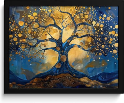 Poster in lijst - Fotolijst 40x30 cm - Posters - Boom - Levensboom - Blauw - Goud - Posterlijst zwart - Decoratie - Wanddecoratie woonkamer - Muurdecoratie slaapkamer