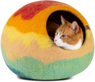 Kattenhuis van 100% Merinowol – Handgemaakte Kattenmand en Schuilplaats voor Binnenkatten en Kittens, Gezellig Vilt Kattenbed (Large, Tucson Sunset)