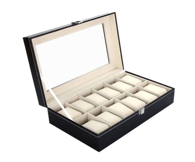 Axbo Luxe HorlogeDoos – Opbergdoos – 12 Vakken – Sieradendoos – Kist – Fluwelen Voering – Verwijderbaar Kussens – Watch Box – Leder – Leer – Zwart