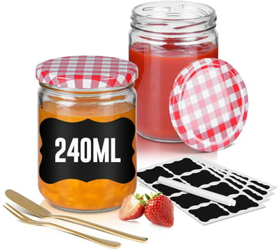 JamPotten Twist-off deksel Inmaakpotten 240ML-Rood-wit geblokt-12PCS