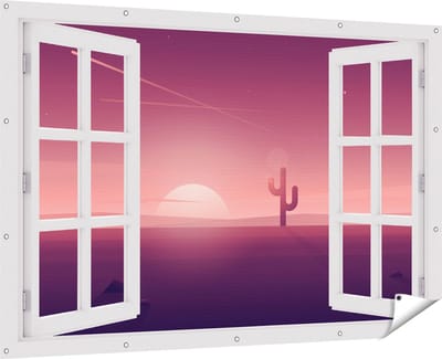 Gards Tuinposter Doorkijk Zonsondergang in de Woestijn met een Cactus - 180x120 cm - Tuindoek - Tuindecoratie - Wanddecoratie buiten - Tuinschilderij