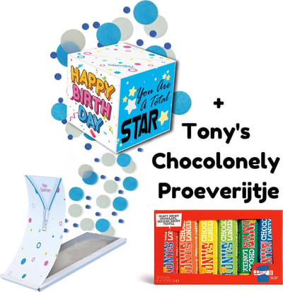 Boemby - Exploderende Confettikubus Verjaardagskaart - Tony Chocolonely Brievenbus Cadeau - Verjaardagscadeau - Chocoladecadeau - Unieke Confetti kaart