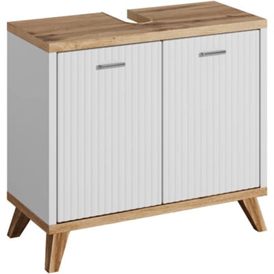 Badplaats Wastafelkast Colima 60 x 28 x 54 cm – Eiken met Wit – Staand Wastafelmeubel met 2 Deuren – Inclusief Pootjes