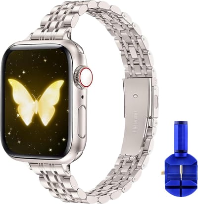 By Qubix - Geschikt voor Apple Watch bandje - Stalen slim fit band - Sterrenlicht / Starlight - Geschikt voor Apple Watch 44mm / 45mm / 46mm / 49mm (Ultra 1,2 en 3) - stalen bandje