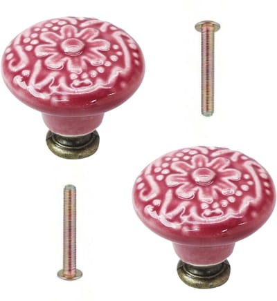 Set van 2 Kastknoppen met Roze Bloem - Meubelknoppen Keramiek Rond - Vintage/Antiek handgreep voor deur en lade - Oudroze