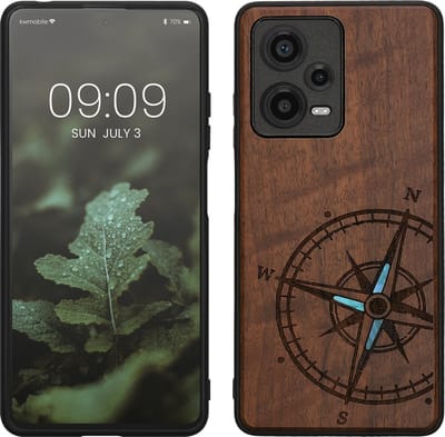 kwmobile telefoonhoesje geschikt voorXiaomi Redmi Note 12 Pro+ 5G / Note 12 Pro Plus 5G - Hoesje met bumper - hout - In donkerbruin Parelmoer kompas design